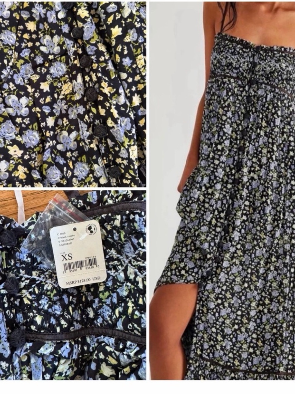 Free people Molly Joe maxi black blue Floral Print babydoll Dress - Medium